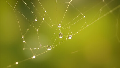 Soft morning light illuminating dewdrops on a spiderweb, with macro focus capturing delicate details of the light refraction.