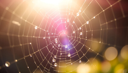 Soft morning light illuminating dewdrops on a spiderweb, with macro focus capturing delicate details of the light refraction.