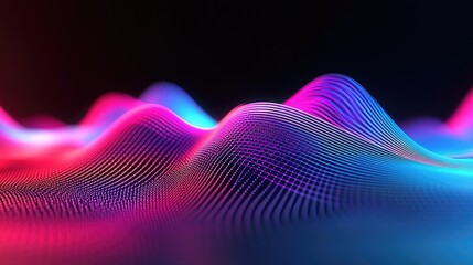 Poster - Vibrant digital waves in pink and blue on a dark background.