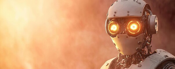 Poster - Futuristic robot with glowing eyes in a dramatic atmospheric setting