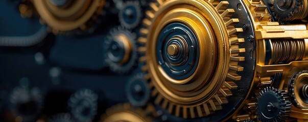 Poster - Close-up of golden gears with a dark background, showcasing intricate machinery.