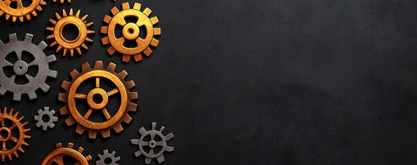 Poster - Collection of rusted gears on a dark background, highlighting mechanical design aspects.