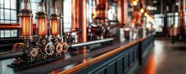 Poster - Industrial interior featuring retro machinery and warm ambient lighting.