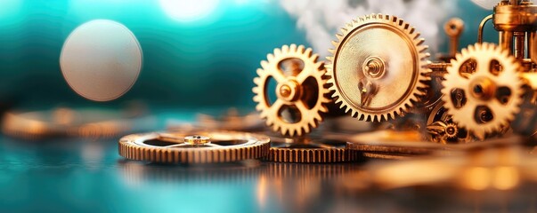 Aufkleber - Golden gears on surface with blurred background, creative engineering concept.