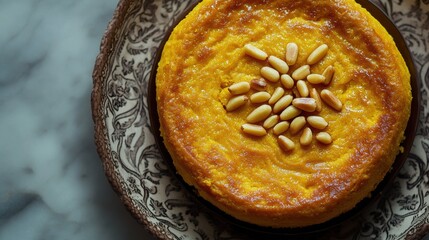 Sticker - Delicious Carrot Cake with Pine Nuts on Ornate Plate Perfect for Celebrations and Gatherings Featuring a Rich, Velvety Texture and Vibrant Color for Culinary Inspiration