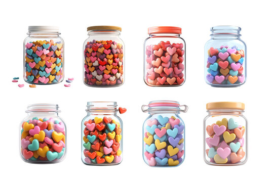 Pack 3D rendering of a minimalist cartoon style jar filled with hearts set against a transparent background