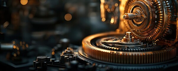 Poster - Close-up view of intricate clock gears with golden details and dark background.