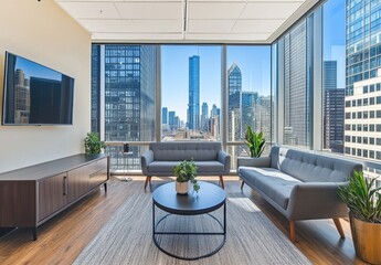 Wall Mural - Modern office interior with panoramic city view featuring stylish furniture, large windows, and vibrant plants in a bright and inviting workspace environment