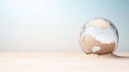 Poster - A globe partially covered in sand, set against a soft, minimal backdrop, symbolizing environmental change and the fragility of the Earth.