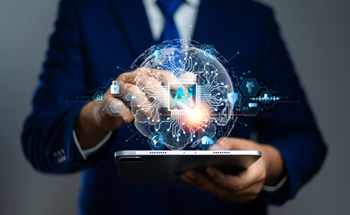 Fototapete - Businessman use artificial intelligence AI technology for enhanced work efficiency data analysis and efficient tools, Unlocking work potential with AI solutions chatbot help solve work problems.