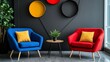 © Atlantist studio - Stylish living room with colorful chairs and decorative wall art for modern decor.