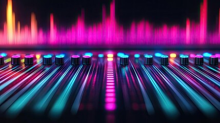 Poster - Colorful audio mixer control panel with waveform visualization, dark background.
