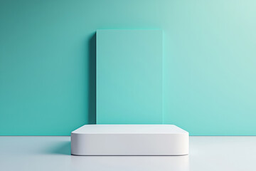Poster - White rectangular podium on glossy floor with teal backdrop for product presentation