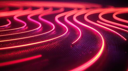 Poster - Abstract neon light waves in pink and purple colors on a dark background.