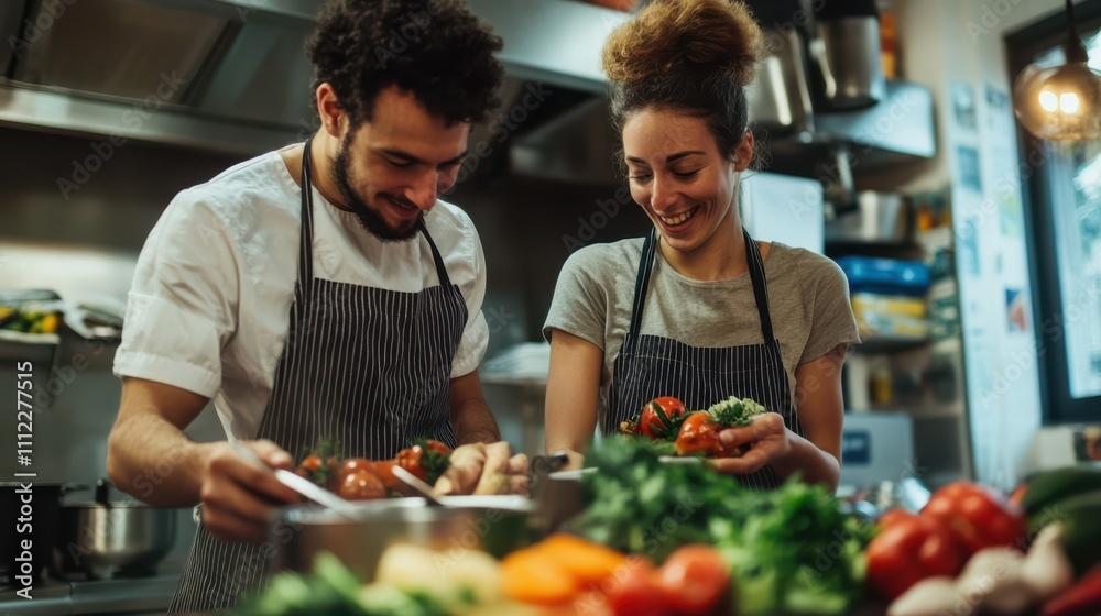 Two volunteers prepare meals together in a community kitchen using ...