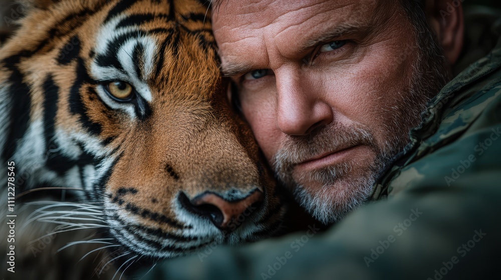 An intense man poses closely with a fierce tiger, creating a dramatic ...