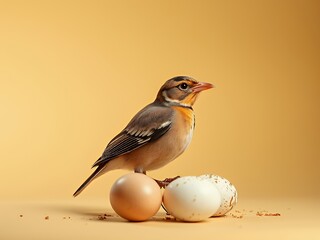 there is a bird standing on top of a egg with a yellow background.