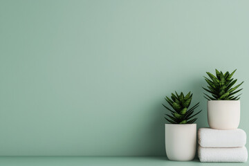 Poster - Minimalist spa setup featuring plants and towels on green background