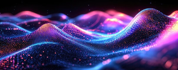 Poster - Colorful abstract waves with glowing particles on a dark background.