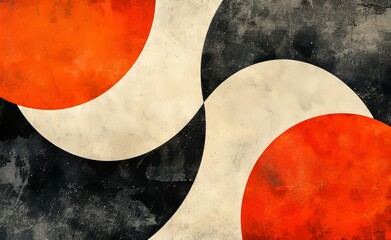 Poster - The wall should display a modern, minimalist geometric design. The decor should feature gray lines and black circles on a light marble base.