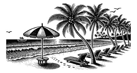 Wall Mural - beach landscape chair umbrella palm tree engraving black and white outline