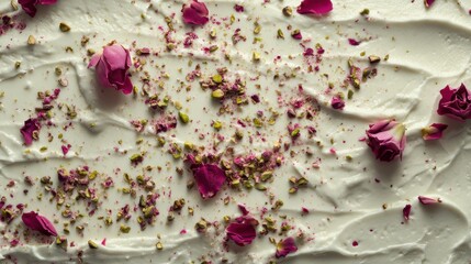 Sticker - Exquisite Display of Creamy Frosting Garnished with Delicate Rose Petals and Crushed Nuts, Perfect for Celebratory Desserts and Elegant Occasions