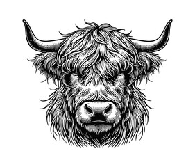 Wall Mural - highland cow engraving black and white outline