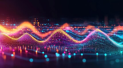 Fototapete - Colorful digital wave patterns on a dark background, symbolizing data flow.