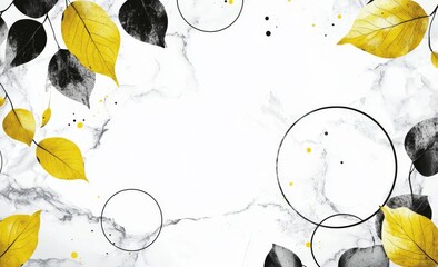 Poster - Geometric pattern wallpaper with golden lines and black circles on a golden background covers a light marble wall, adding a stylish touch to the bedroom decor.