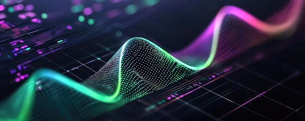 Poster - Abstract digital wave pattern with vibrant colors on a dark background.