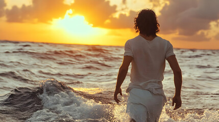 Wall Mural - Ocean Sunset: Man Walks into Waves at Golden Hour, Finding Tranquility and Peace