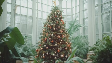 Christmas tree in a botanical greenhouse tropical holiday decor