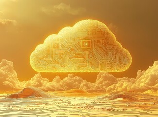 Poster - A blue circuit background features a golden cloud computing icon.