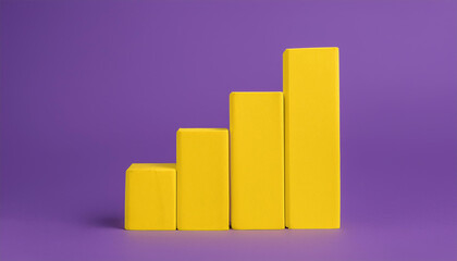 Yellow 3D bar graph isolated on purple background. Growing business, success and improvement.