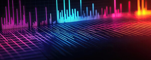 Poster - Colorful sound wave visualization on dark background, digital concept.