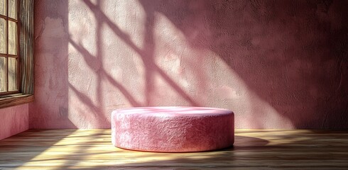 Poster - An elegant wooden platform in 3D, showcasing a cylindrical product display in a beige pastel room with shadows on the walls and floors. The natural wood podium is decorated with a brown glass circle.