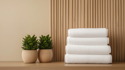 Poster - Stacked white towels and plants creating a relaxing spa ambiance