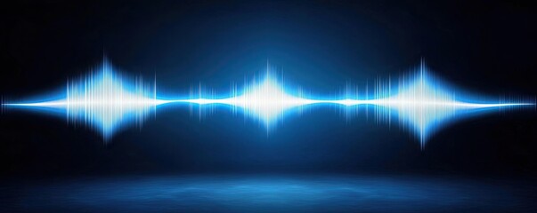 Poster - Sound wave graphic, vibrant blue on black background.