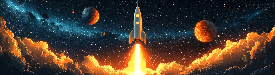 Poster - a fresh cartoon rendering of a beautiful blue galaxy and neon-lighted comets streaking through the u