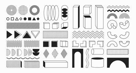 Poster - Memphis abstract shapes and forms, geometric flat and 3d figures, sticker set, retro decorative vector graphic elements.