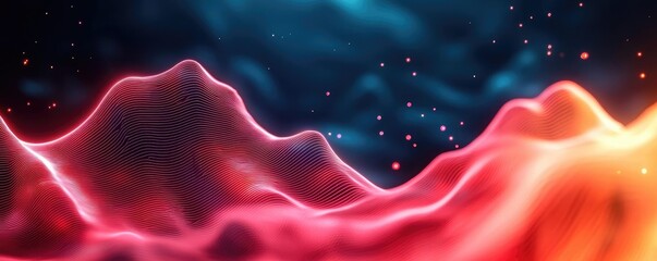 Poster - Abstract colorful waves on a dark background with glowing particles.