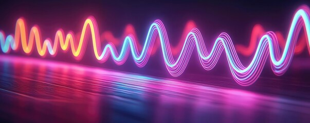 Poster - Vibrant neon wave pattern on a reflective surface, digital art.