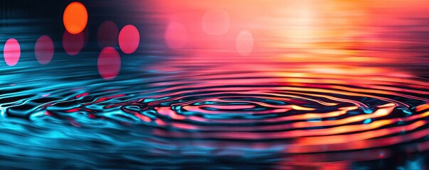 Poster - Colorful ripples in water with vibrant light reflections and soft bokeh effects.
