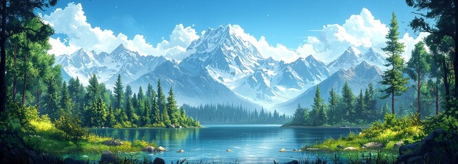 Sticker - This travel scene showcases green grass and a mountain lake in a forest setting. A clear river and a beautiful valley are also part of the landscape.