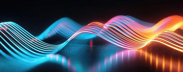 Poster - Colorful wave of neon light on a dark background, abstract pattern.