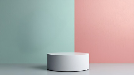 Poster - White round pedestal on pastel green and pink split background for product display