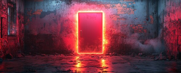Poster - A studio room features a 3D red light panel as its backdrop. The empty stage is perfect for virtual concerts or high-end presentations. This futuristic club area is ideal for product displays on