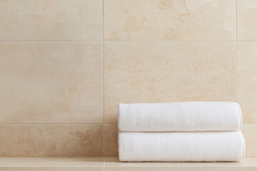 Poster - Two folded white towels on beige tiles in modern bathroom