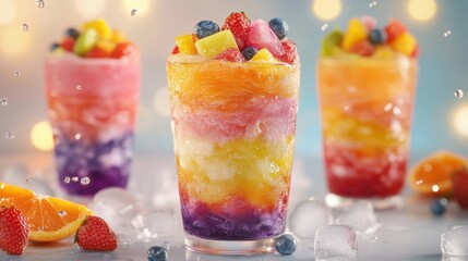 Sticker - Colorful Layered Frozen Fruit Slushies in Clear Glasses with Fresh Berries and Tropical Fruits on a Light Background with Ice and Water Droplets