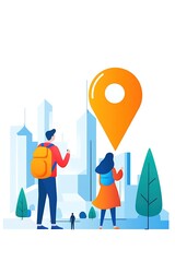 Poster - A man and a woman are looking at a map on a city street